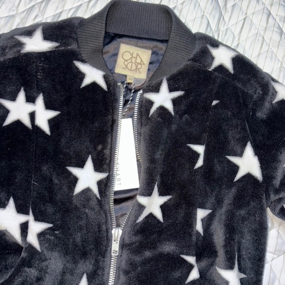 Chaser Star Bomber Jacket XS NWT Black Plush Zip Up Cozy Soft‎ Festival Jacket - Picture 1 of 8